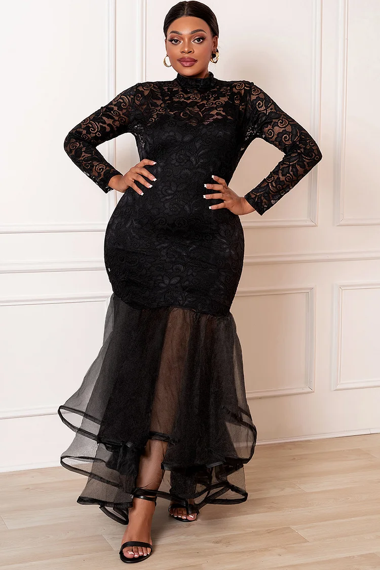 Xpluswear Design Plus Size Black Party Floral Lace See-through Mesh Hem Mermaid Maxi Dresses