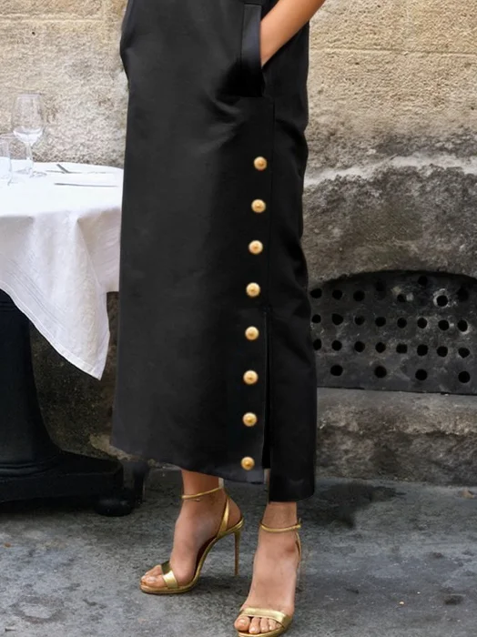 Chic and Stylish: Sleeveless Buttoned Solid Color Split-Side Stand ...