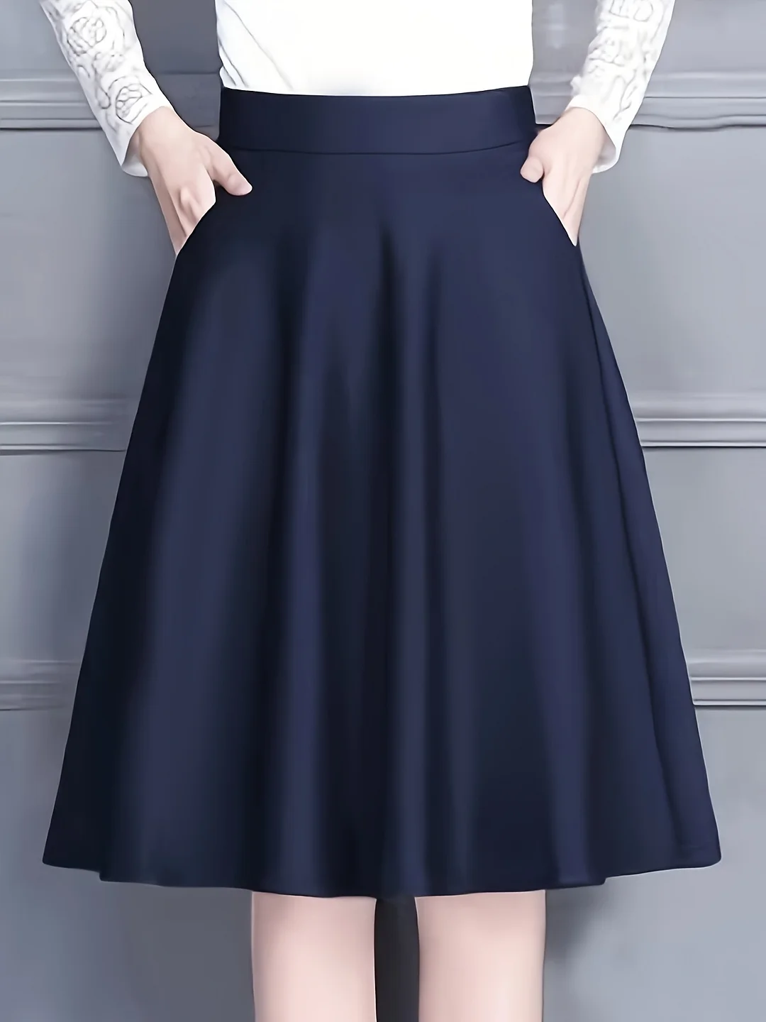 Women's Navy Blue High-Waisted Midi A-Line Skirt With Pockets - Solid Color Non-Stretch Fabric, Elegant Office To Casual Wear For Spring Summer Fall, High Waisted Skirt | IFYHOME
