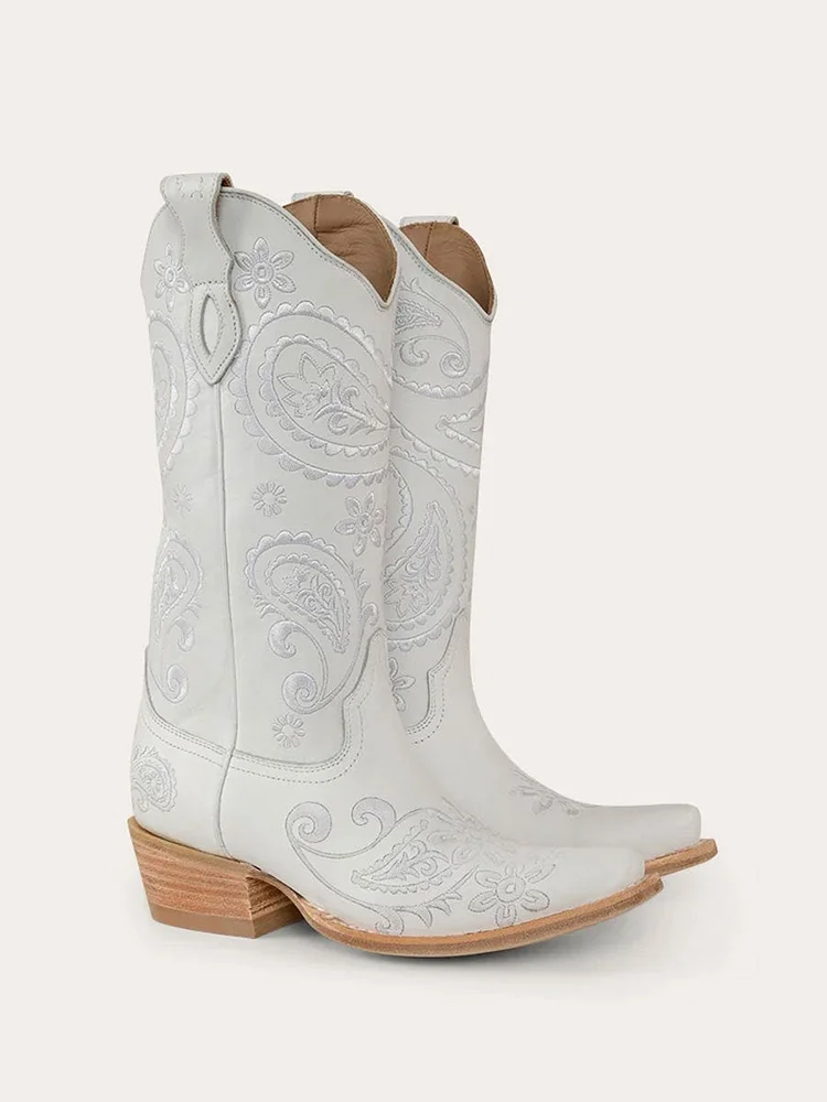 Women's Pointed Toe Chunky Heel Embroidered High Cowboy Boots