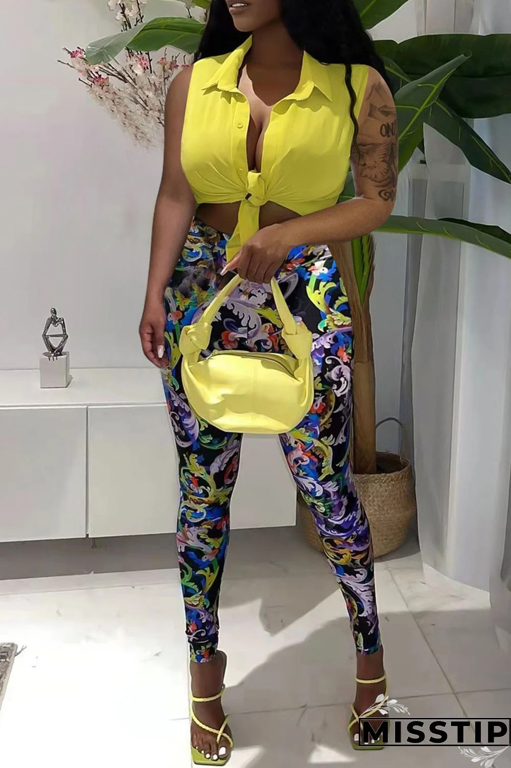Yellow Fashion Casual Print Basic Turndown Collar Sleeveless Two Pieces