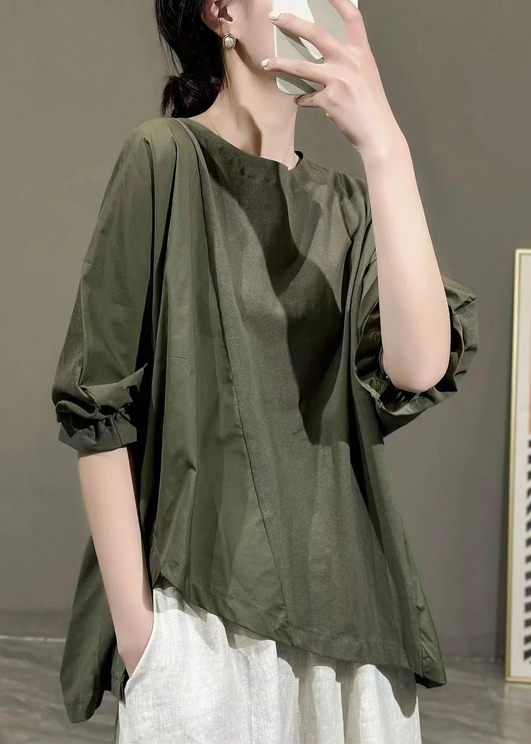 Plus Size Army Green Asymmetrical Ruffled Cotton T Shirt Half Sleeve