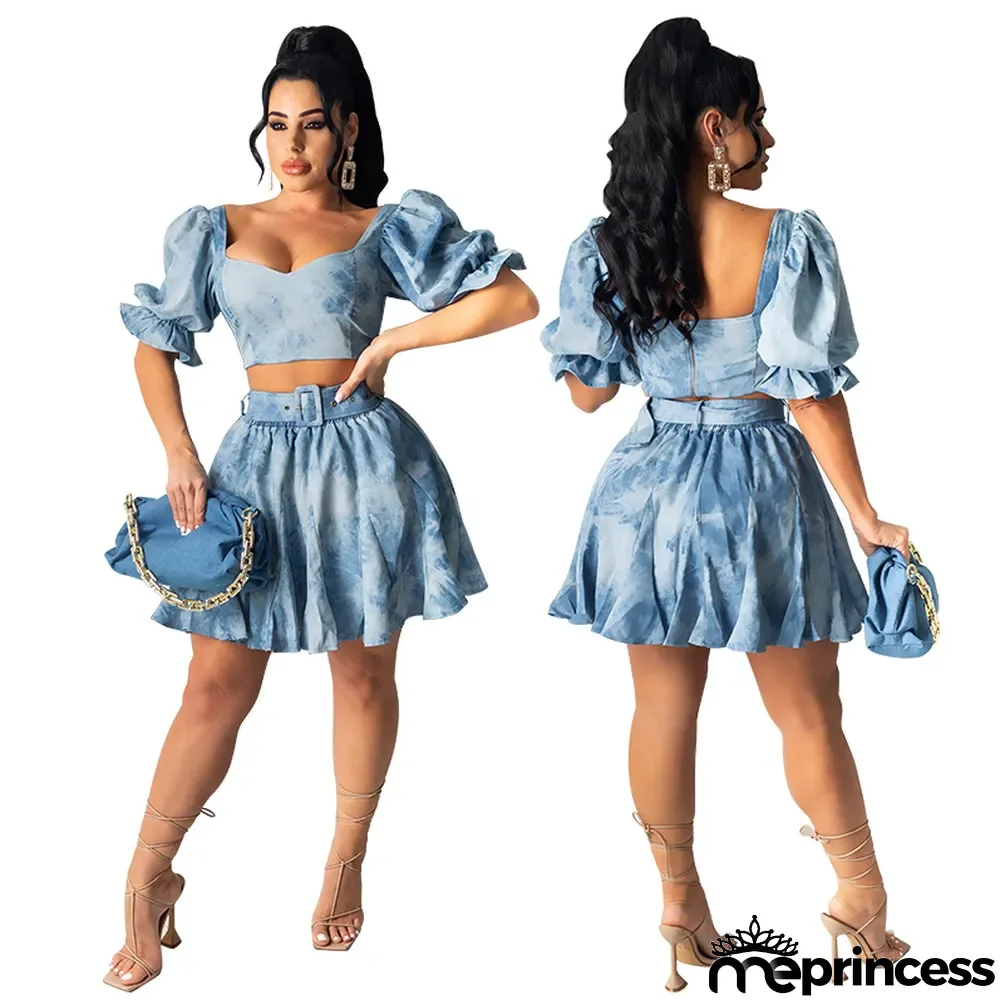 Women's Sets Tie Dye Wash Denim Pleated Skirt Set