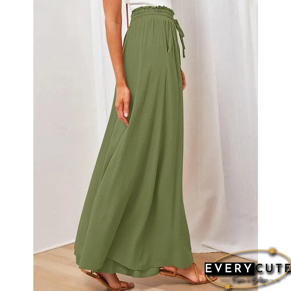 Light Green High Waist Elastic Waistband Long Culottes