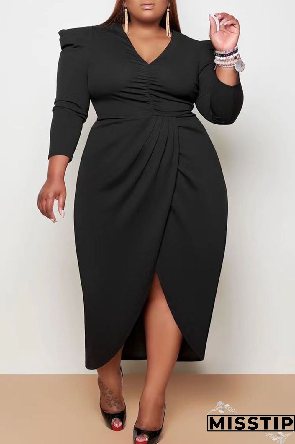 Black Casual Solid Patchwork Fold Asymmetrical V Neck Princess Plus Size Dresses