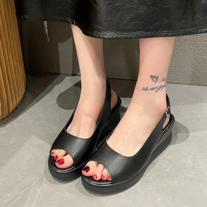 Breakj Breakj Slope Heel Sandals Women's Fashion Korean Version After The Buckle Heightening Thin Heel Fish Mouth Women's Sandals