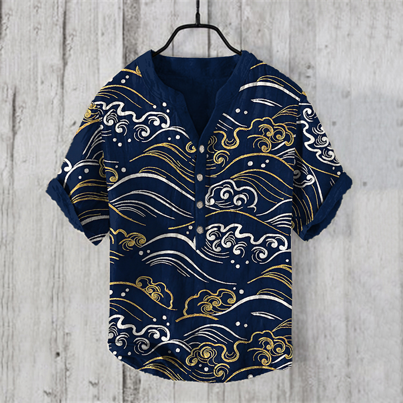menweary Waves Japanese Art Linen Blend Shirt