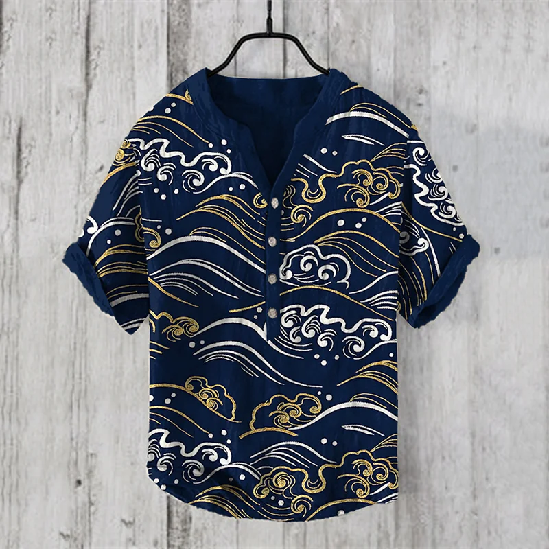 Waves Japanese Art Linen Blend Shirt