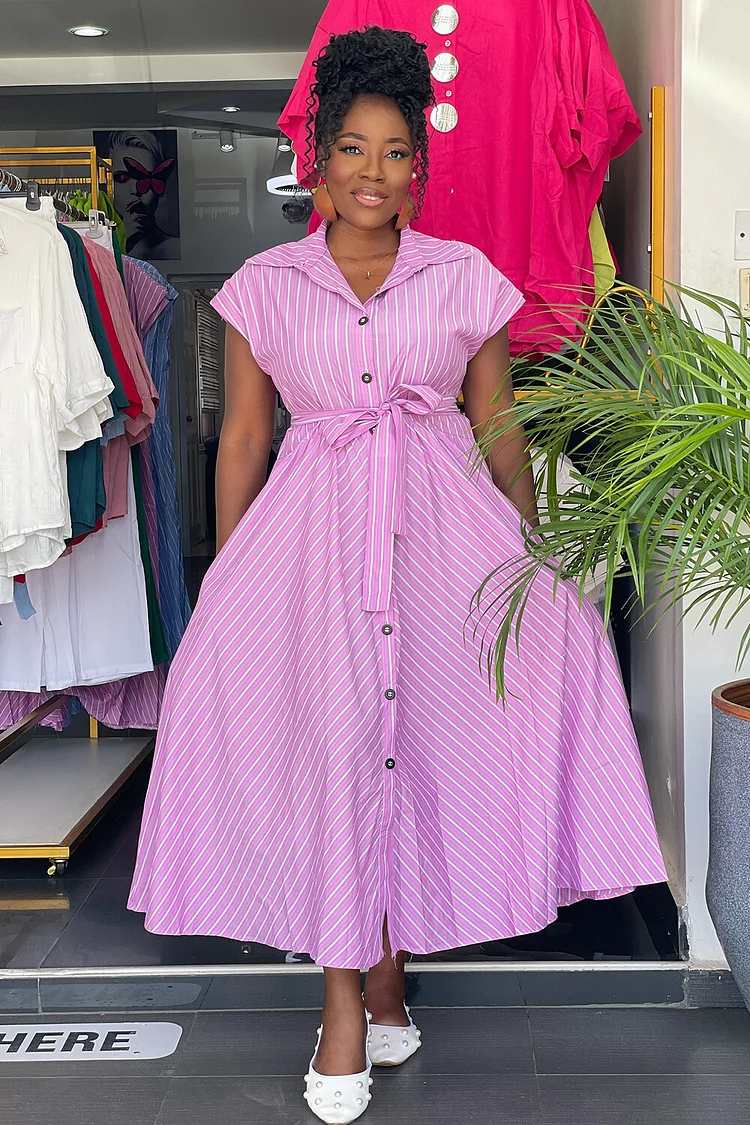 Striped Print Turndown Collar Short Sleeve Tie Belt Midi Shirt Dresses-Pink