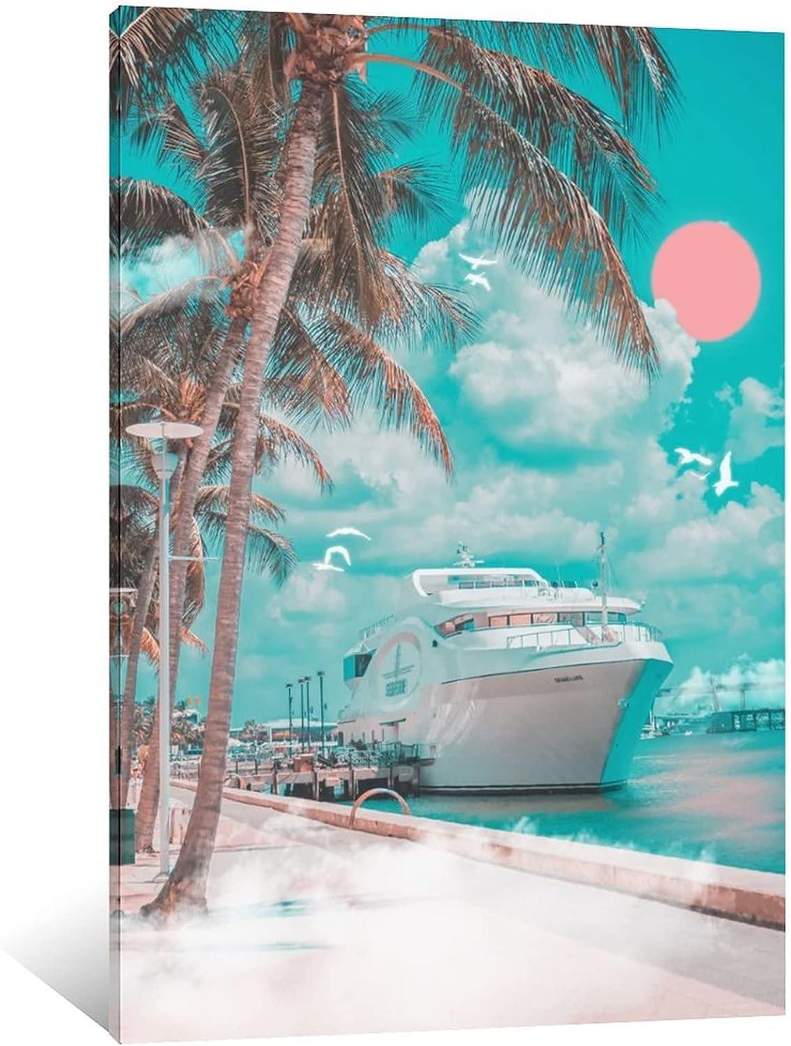 KIINOO Home Decor The Beach in Summer,Boats on The Beach Poster Decorative Painting Bathroom Decor Living Room Canvas Wall Art Framed,24x36inch(60x90cm) Framed