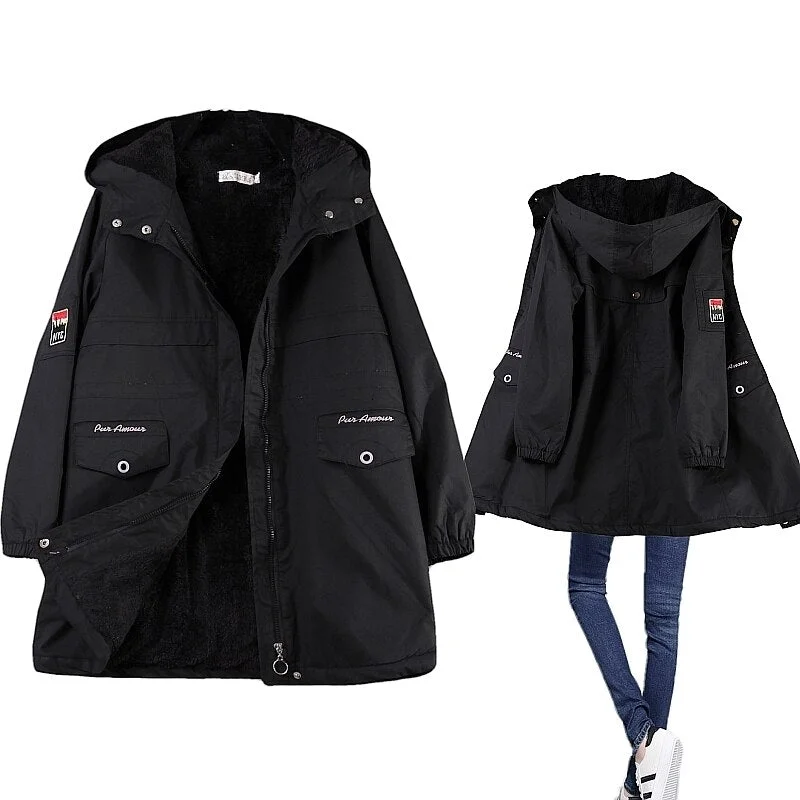 Winter Fleece Women Parka Female Hooded Mid Length Warm Autumn Coat Padded Pink Blue Black Woman Windbreaker Jacket Plus Size