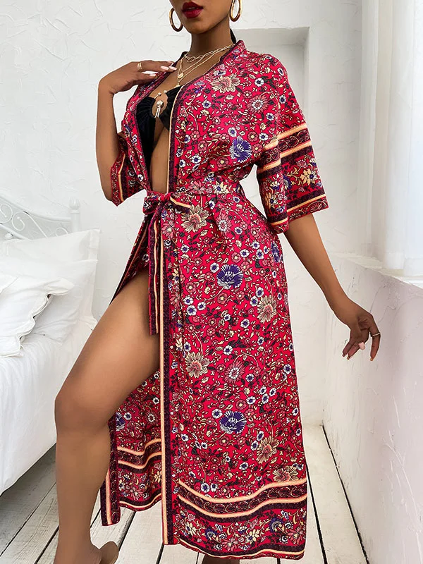 Loose Short Sleeve Floral Print Cardigan Cover-Up Swimwear