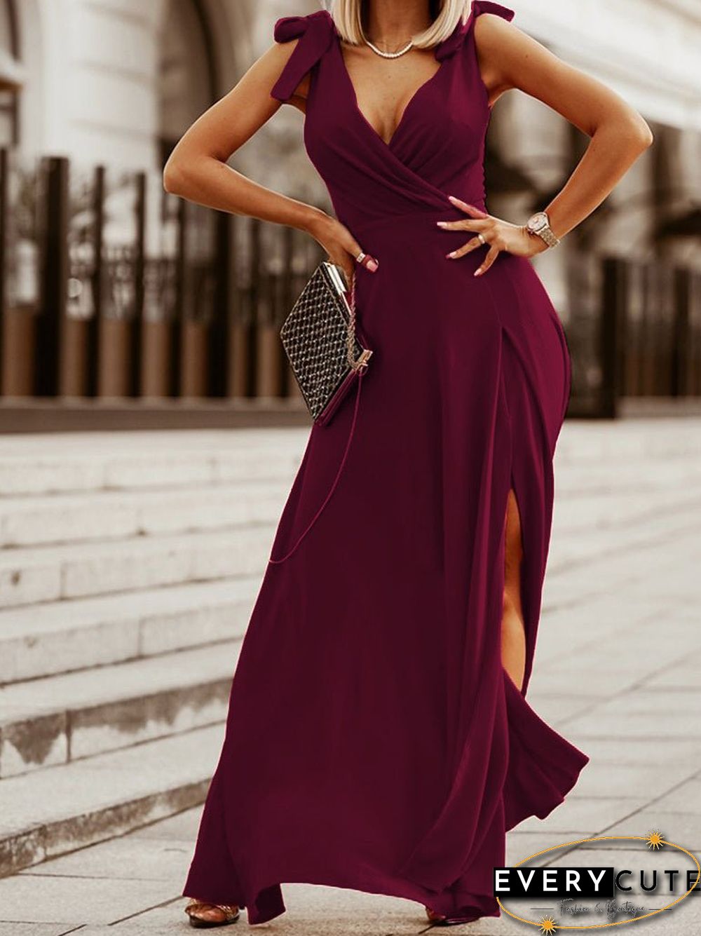 Women'S Dresses Solid V-Neck Tie Slit Sleeveless Dress