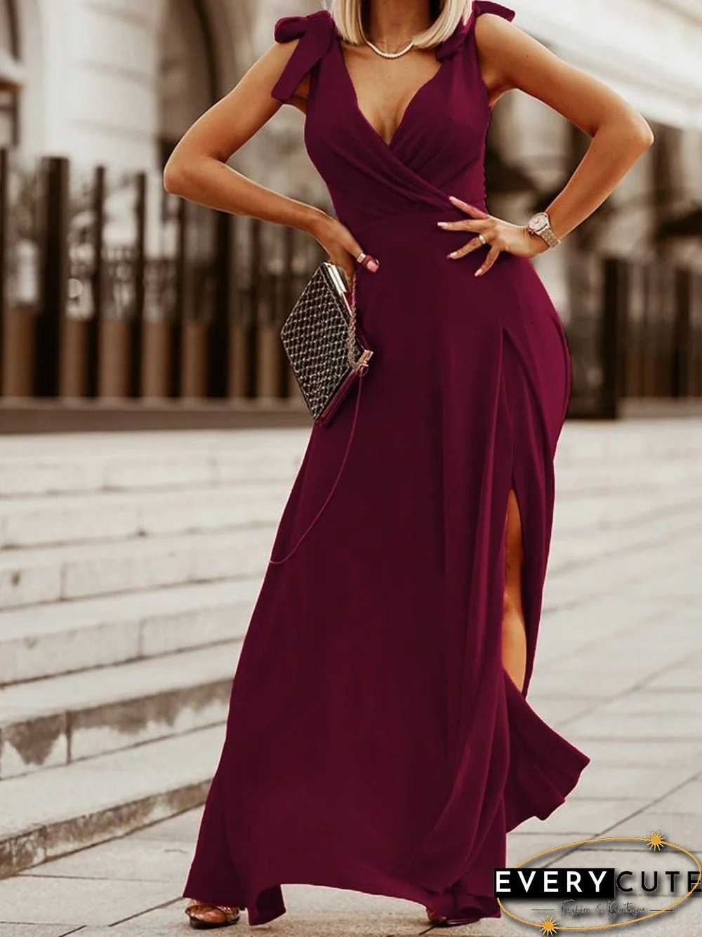 Women'S Dresses Solid V-Neck Tie Slit Sleeveless Dress