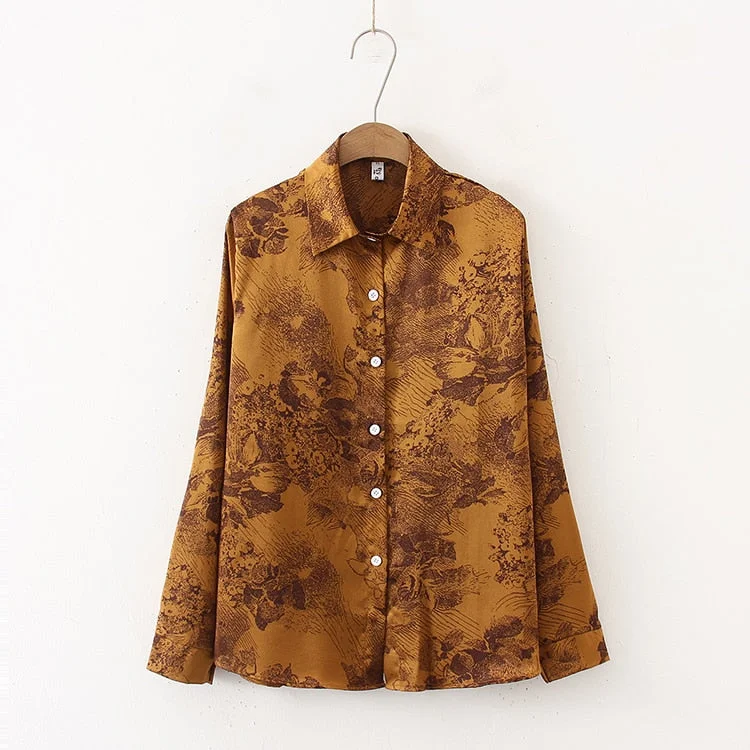 Spring New Women Vintage Ink painting Print Chiffon Blouse Full Sleeve Button Up Loose Shirt Autumn Casual BF Style Tops T11612F