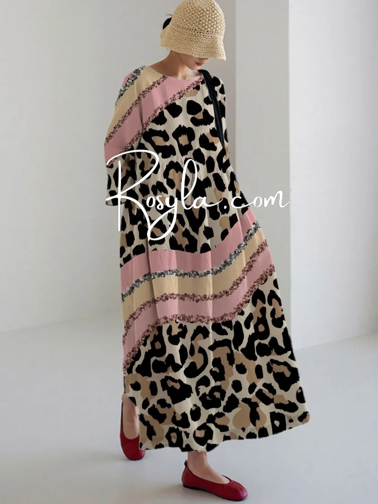 Women's Casual Vintage Leopard Print Long Sleeve Midi Dress