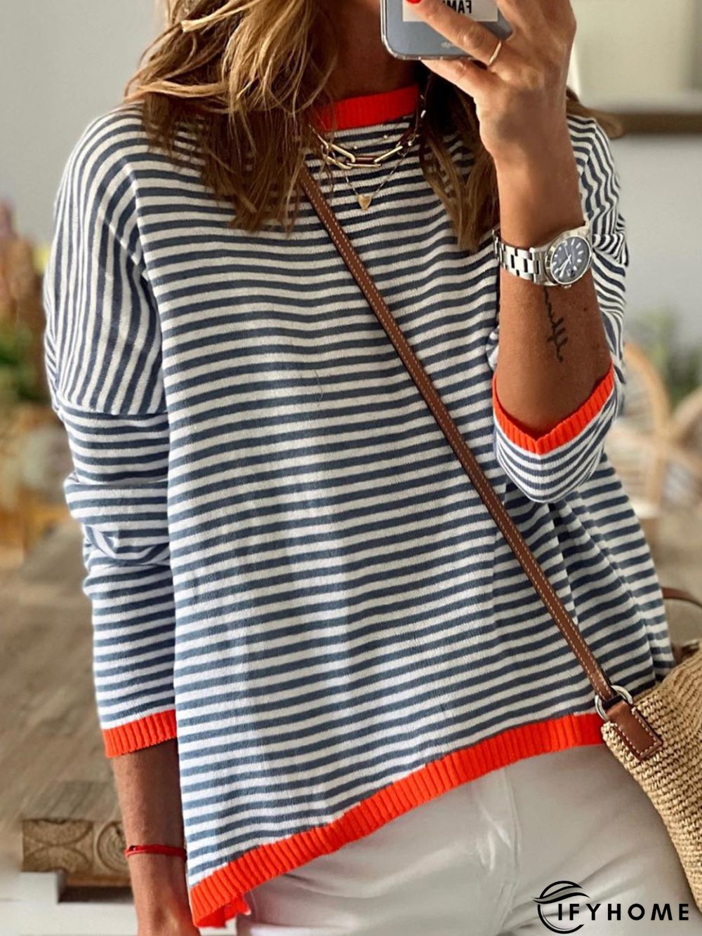 Casual Striped Long Sleeve Round Neck Tunic Sweater Knit Jumper | IFYHOME