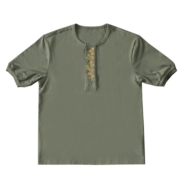 Vintage Cotton Embroidered Short-Sleeved Henley Collar Short-Sleeved T-Shirt