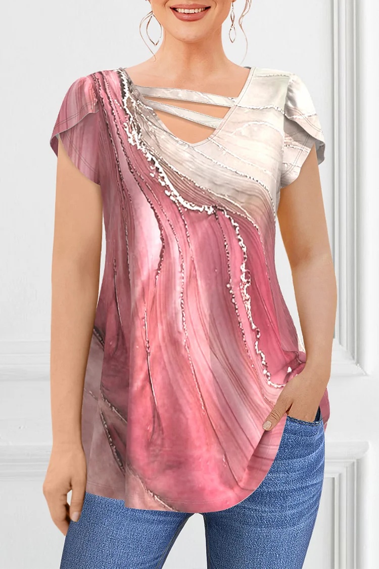 Flycurvy Plus Size Casual Pink Marble Print  Petal Sleeve Strap Blouse  Flycurvy [product_label]