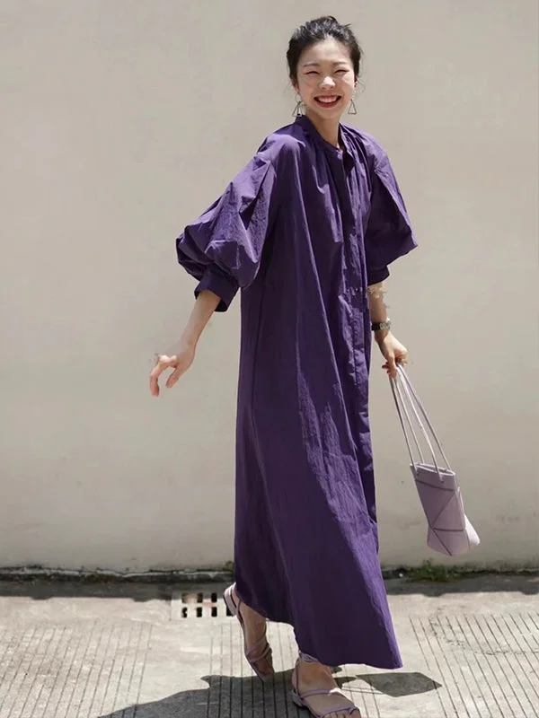 Vintage Loose Purple Y-neck Puff Half Sleeve Shirt Dress