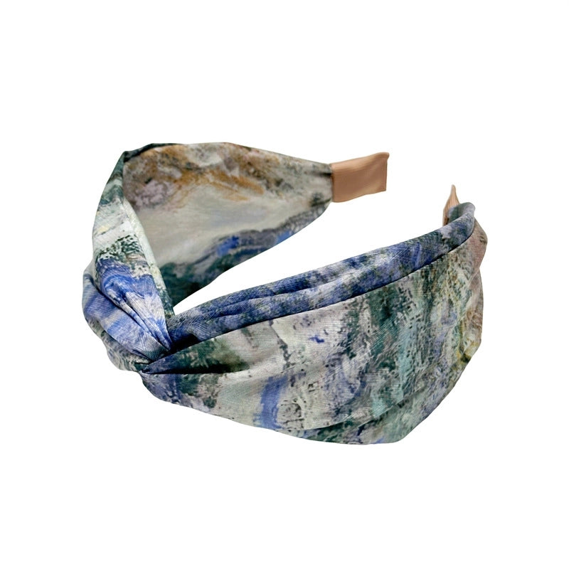 Monet Oil Painting Satin Headband Niche Retro Cross High Skull Top Wide Version Gradient Color Blooming Headband Hairpin For Hair Washing