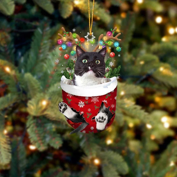 Tuxedo Cat In Snow Pocket Christmas Ornament.