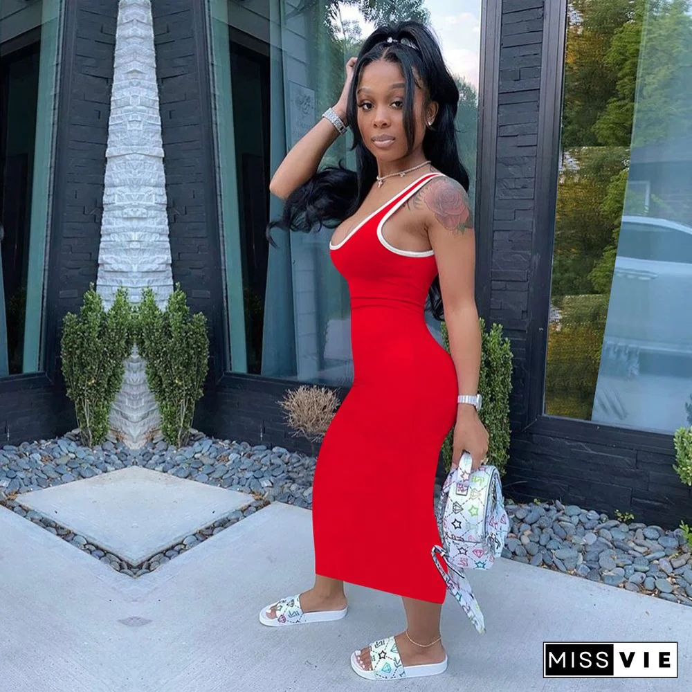 Summer Women's Solid Color Splicing Bodycon Vest Dress