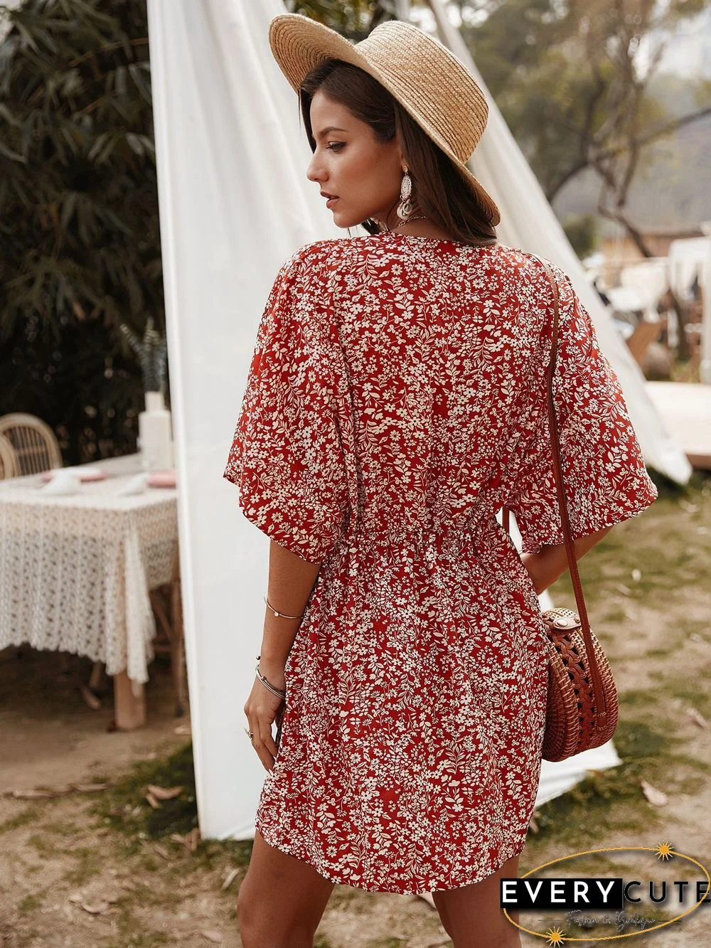 Floral V-Neck Half Sleeve Mini Dress