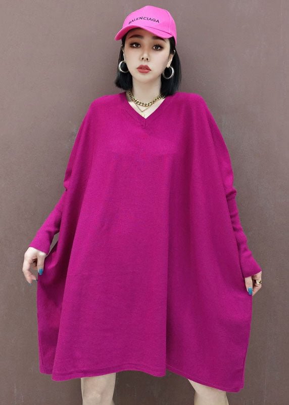Plus Size Rose V Neck Solid Knit Dress