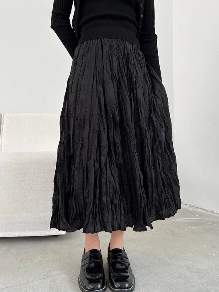 Chic Black Wrinkled Elastic Waist Skirt 