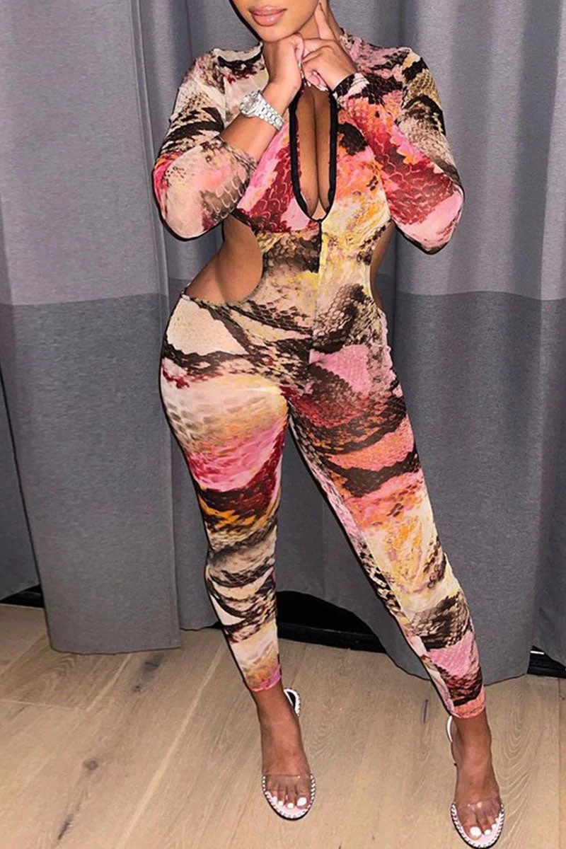 Sexy Print Hollowed Out Split Joint V Neck Skinny Jumpsuits