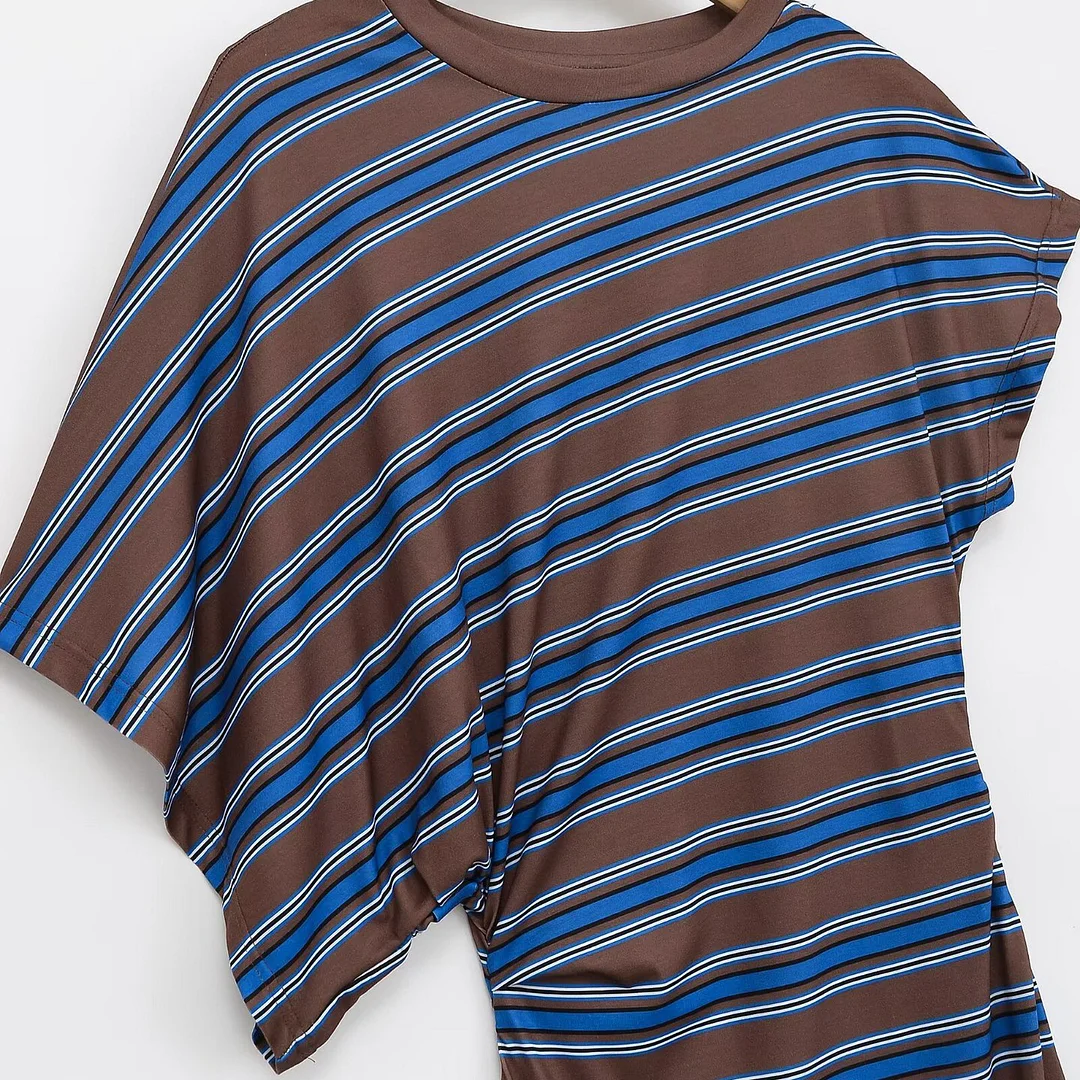 Nigikala Nigikala Striped Slanted Shoulder Short-Sleeved Woman Summer Small Fresh Loose Display Lanky Over-Knee Dress 6085910