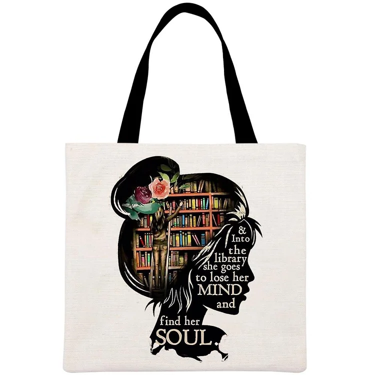 And Into The Library Printed Linen Bag