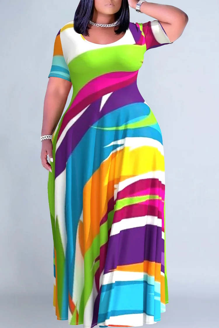 Plus Size Casual Multicolor Colorblock Scoop Neck Short Sleeve Maxi Dresses