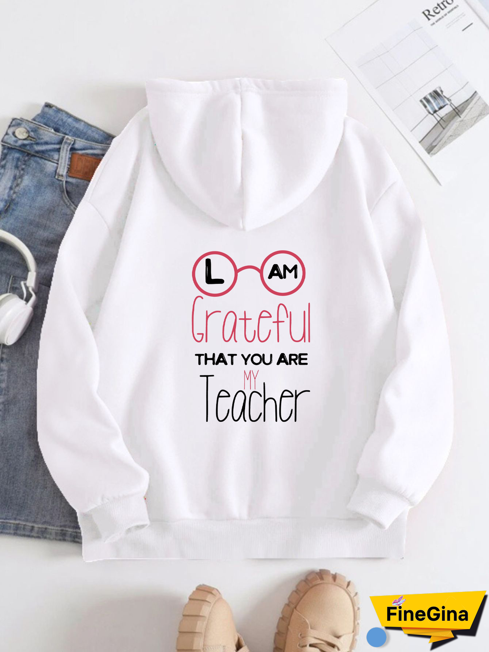 Printed on the Back Kangaroo Pocket Hoodie Long Sleeve for Women Pattern Teacher's Day greetings