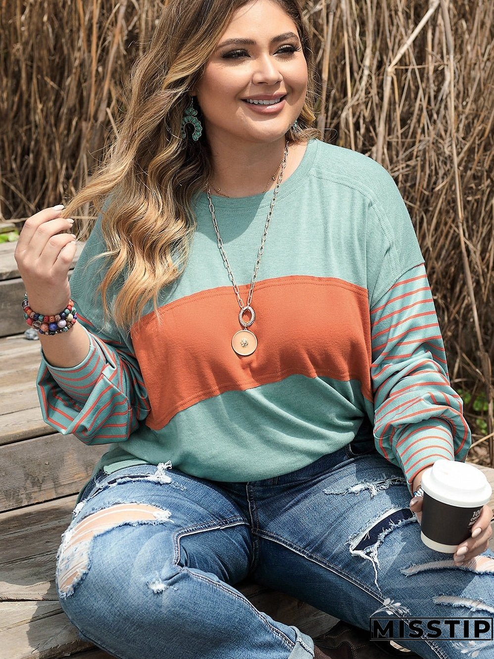 Green Plus Size Striped Long Sleeve Colorblock Tee with Slits