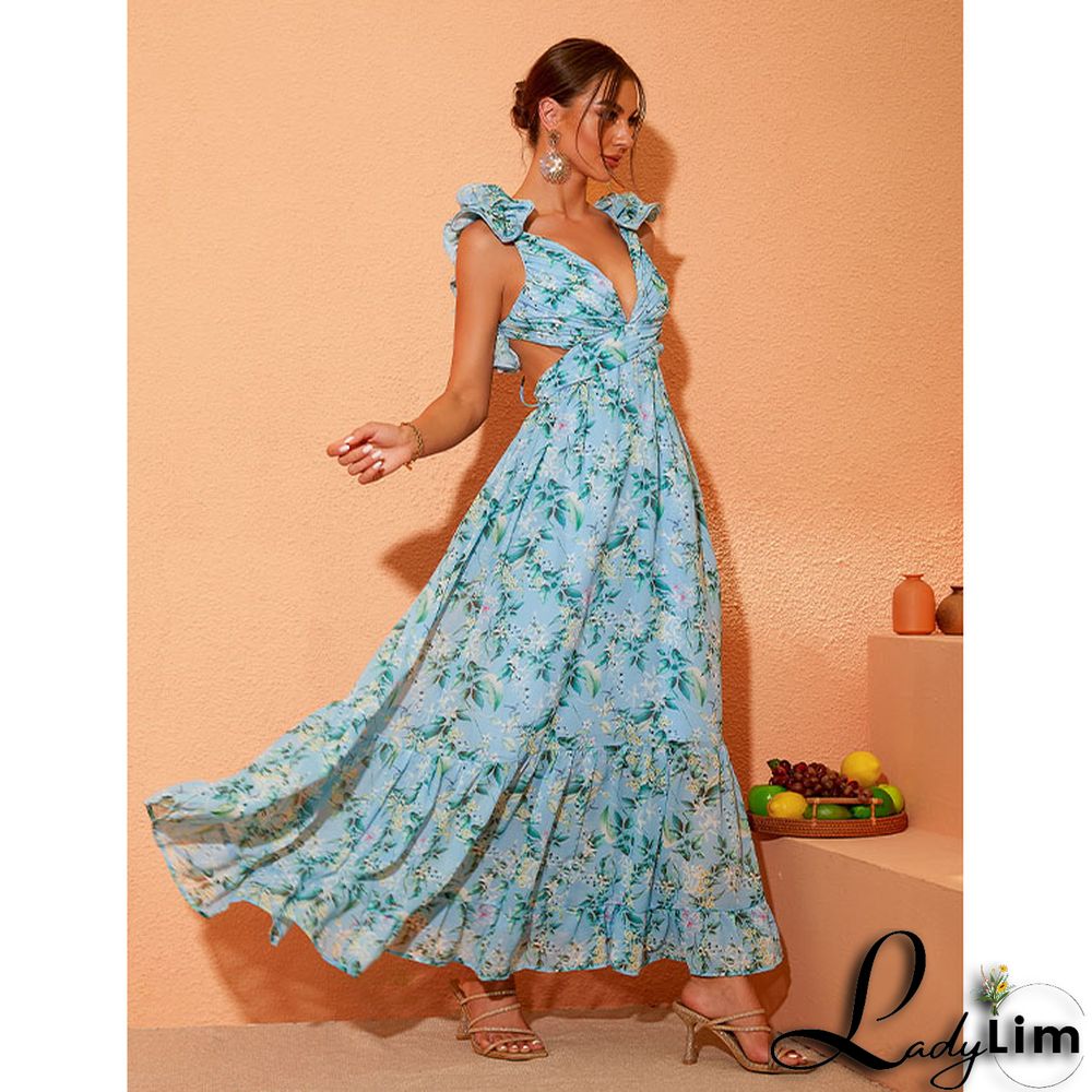 Women Blue Floral Printed Cut Out Crepe Maxi Dress