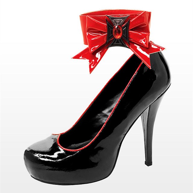 GOOSHOE Black Patent Leather Bow Ankle Strap Stiletto Heels Pumps