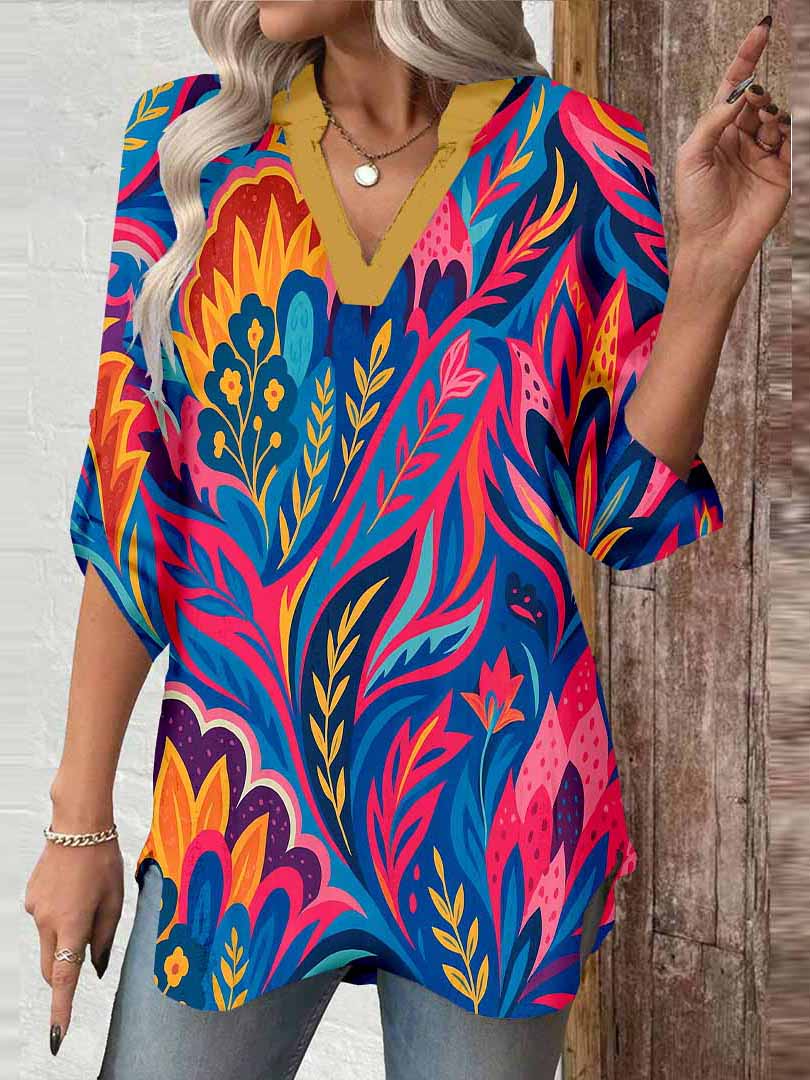 Women Tropical, Red, Blue DZGA0104 3/4 Sleeve V-neck Printed Graphic Button Tops