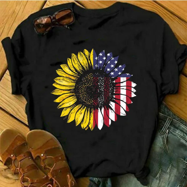 Casual Flag Sunflower Print T-Shirt