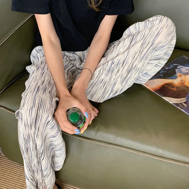 Churchf Summer Pleated Tie Dye Pants Women Korean Style Straight Wide Leg Trousers Woman High Waisted Streetwear Pants Feamle-Outfit Ideas