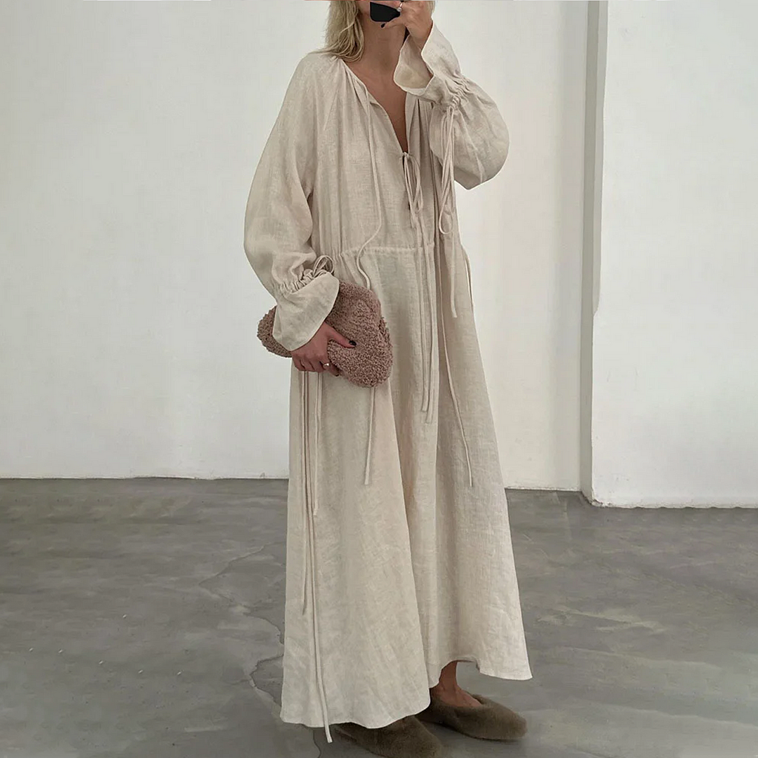 Casual Lace-Up Loose Cotton Linen Dress-inspireuse
