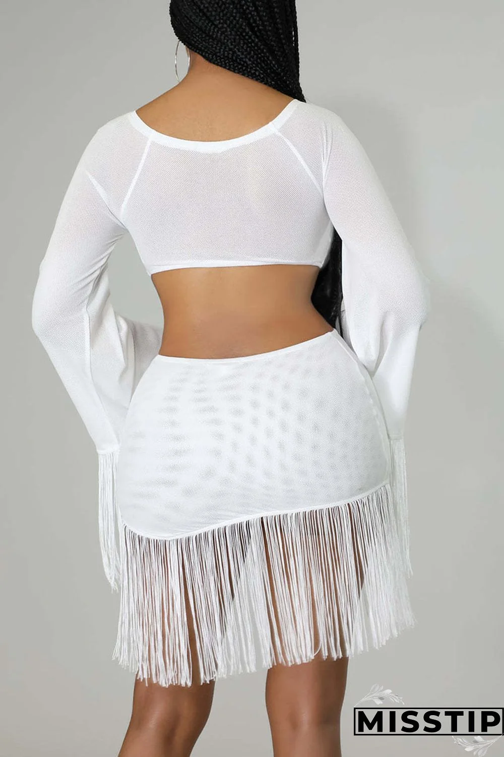 Black Sexy Solid Tassel Patchwork V Neck Long Sleeve Two Pieces