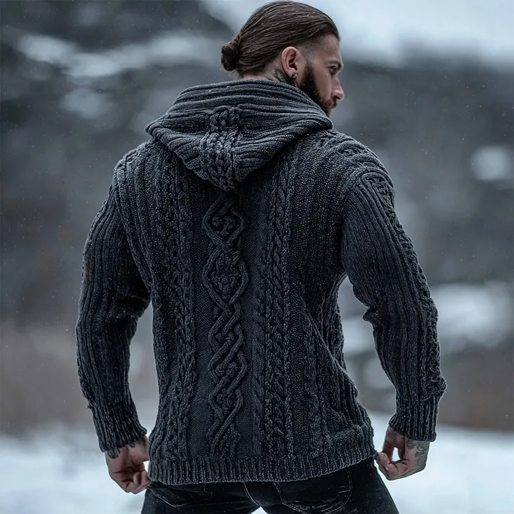 Men's Vintage Celtic Knot Jacquard Chunky Hooded Sweater