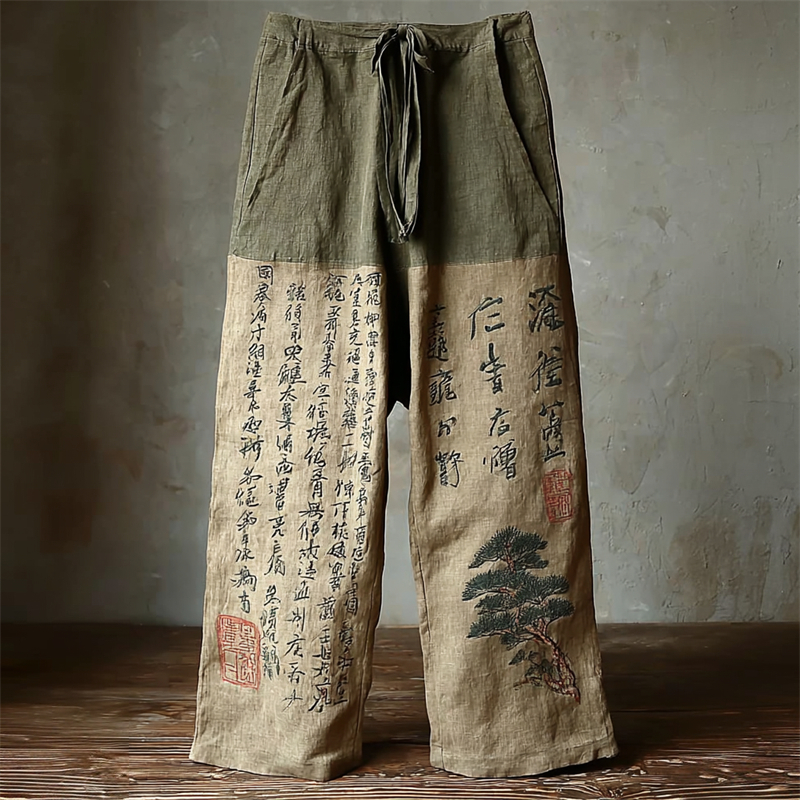 Men's Japanese Pine Tree Calligraphy Contrast Linen Pants  artssus