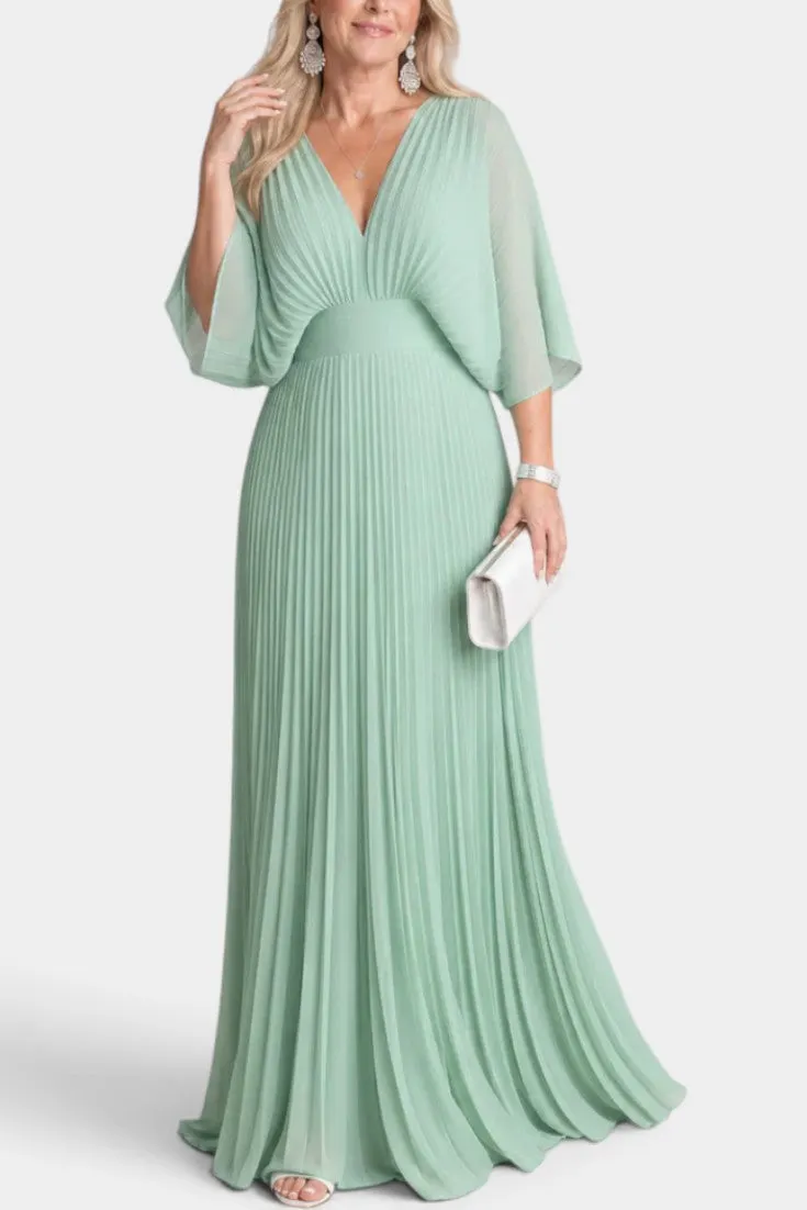 Long Pleated V-Neck Dress with Flowy Sleeves