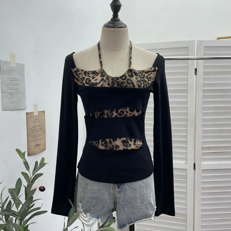 Nigikala Nigikala Shooting With Hanging Neck Leopard Print Splicing Two Long-Sleeved Tops A Short Shoulder Bottom T-Shirt 28787