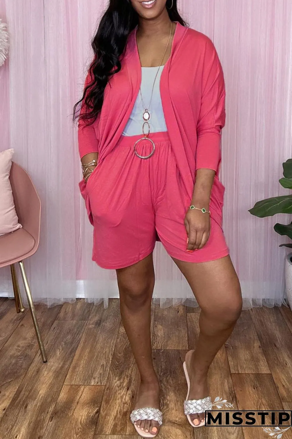 Deep Pink Casual Solid Cardigan Long Sleeve Two Pieces