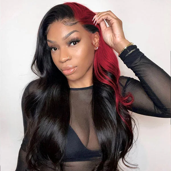 Hot Red Skunk Stripe Hair Wigs Black Girl Body Wave Human Hair Lace Wigs For Women High Density 180%