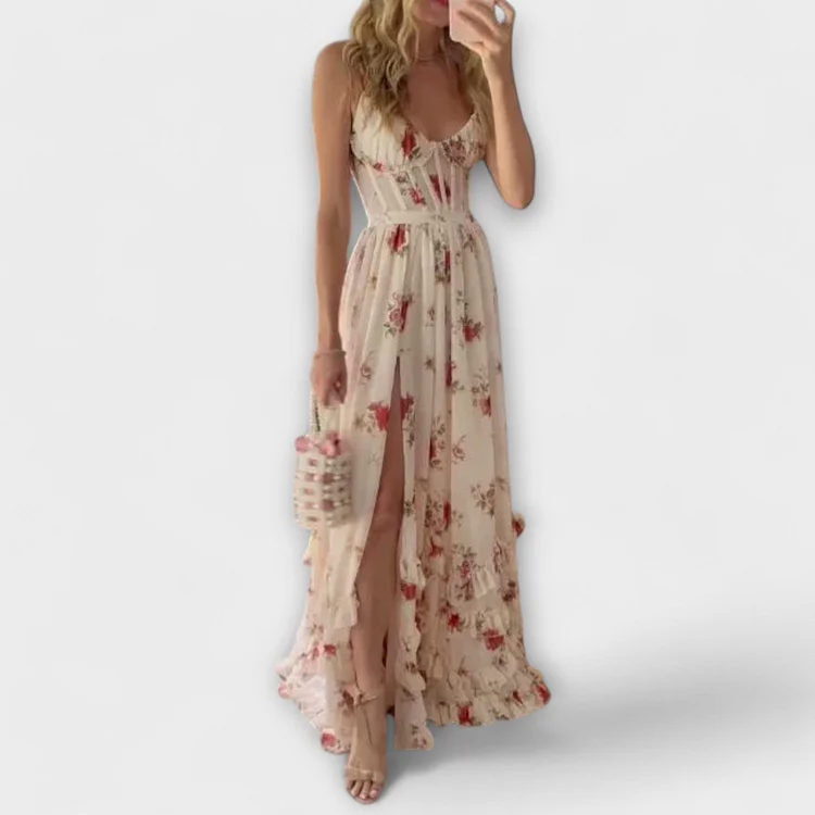 New Style Wrap Chest Print Dress Seaside Holiday Long Dress
